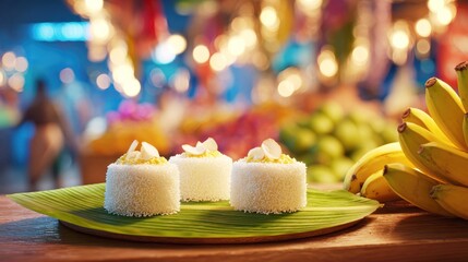 Three mini coconut cakes are presented on a banana leaf