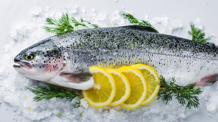 Fresh rainbow trout with lemon and dill on ice is ready for cooking