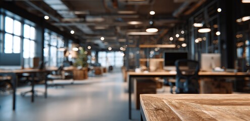 Blurred modern office interior with wooden desk in foreground.