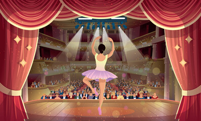 The theater hall with the audience and a ballerina on