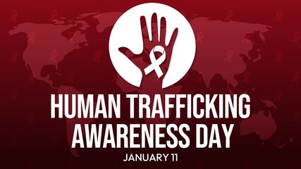 January 11 is observed Human Trafficking Awareness Day every year globally, 4k animation with typography, ribbon and hand.