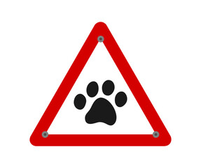 Dog or cat footprint in red warning road sign on white background - vector