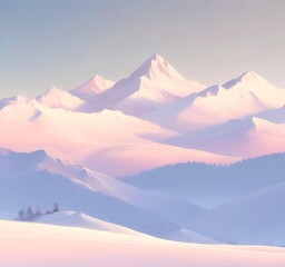 Minimal winter New Year background with snow-dusted mountains, soft morning light, pastel sky, serene and calm atmosphere