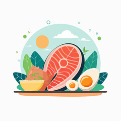 Delicious and Healthy Salmon Steak with Accompaniments and Fresh Vegetables Illustration