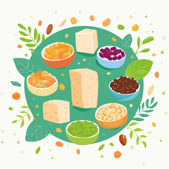 Delicious assortment of traditional cheese and colorful dried fruits arranged on a green leafy
