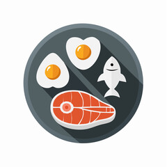 Healthy Breakfast Plate with Eggs Fish and Salmon Fillet on a stylish plate with long shadow effect