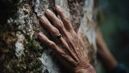 Elderly Hand on Tree Bark