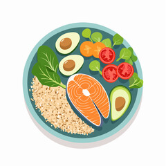Healthy balanced meal plate featuring salmon, avocado, quinoa, boiled eggs and fresh vegetables