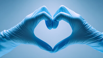 A close up of two hands wearing blue latex gloves creating a heart shape against a soft blue background, symbolizing care and compassion.