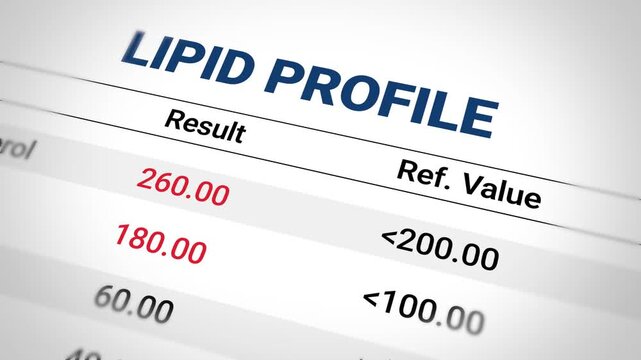 Lipid Profile test showing high results in red alarming color 4k animation. Medical record, cholestrol test, health.