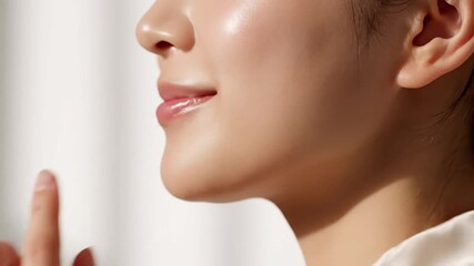 Close up dewy glowing facial profile hydrating skincare ritual showing supple plump texture