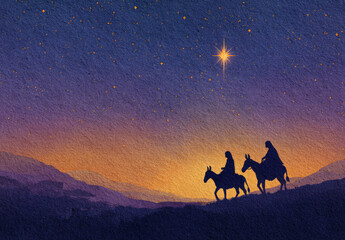 Nativity journey silhouette, holy family, donkey, star, night sky Christmas hope