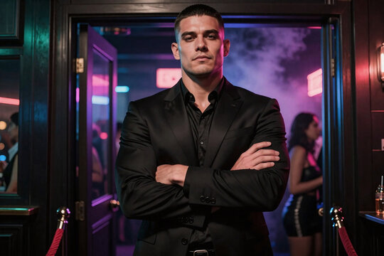 A big tough looking muscular man in suit, arms crossed, working as a bouncer at a crowded popular nightclub bar, stands outside the entrance door, guarding and screening guest before they enter.