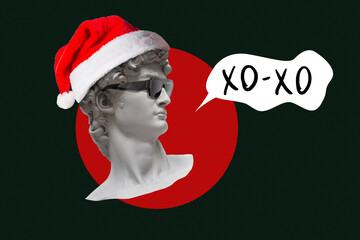 Creative Christmas collage of an antique marble statue head wearing a Santa hat and sunglasses....