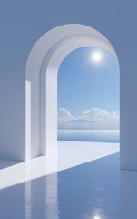 Minimalist White Archway Overlooking Calm Blue Sea and Bright Sun