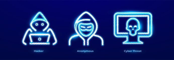 Hacker Attack Data Breach Malware Ransomware Dark Web Icons Set. Anonymous Mask Privacy Resistance Protest Operation Neon Logo. Cyber Threat Risk Alert Pics for Digital Business. Vector Illustration