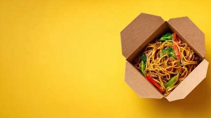 Noodles are presented in a brown takeout box alongside green broccoli and sliced red peppers. The background is a bright yellow, adding a vibrant touch to the meal