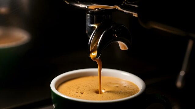 Close-up shot of a professional espresso machine pouring rich, dark coffee with thick crema into a green ceramic cup in a dramatic, dimly lit cafe setting, showcasing the gourmet brewing process.