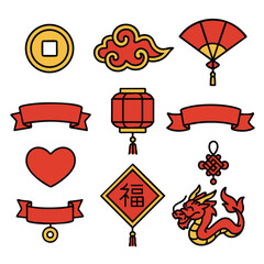 Red icon set, festival symbol, lantern, dragon, luck charm celebrate joy