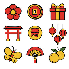Red icon set Chinese New Year lantern gift coin torii gate fan citrus joy