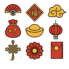 Chinese new year icon set, red gold, lantern, knot, envelope, joyful