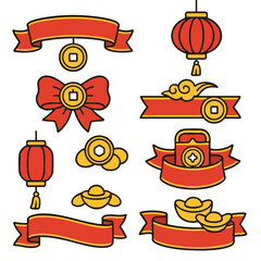 Chinese new year red lantern gold ingot lucky coin festive banner joyful design