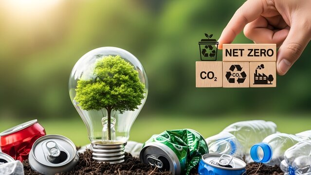 A hand arranging wooden blocks with net zero text on it, a light bulb with a growing tree inside with recyclable objects around.