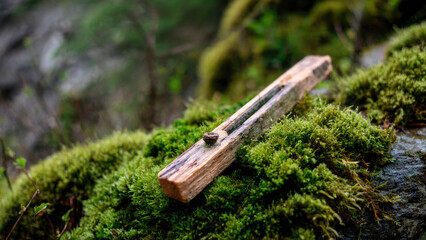 Fire Starting Drill and Tinder Bundle on Mossy Stone