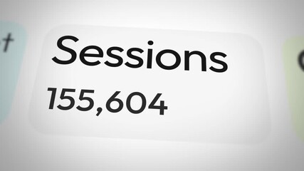 Maximum sessions showing on the dashboard with numbers running and increasing 4k animation. website visitors, views, audience, funnels, leads.