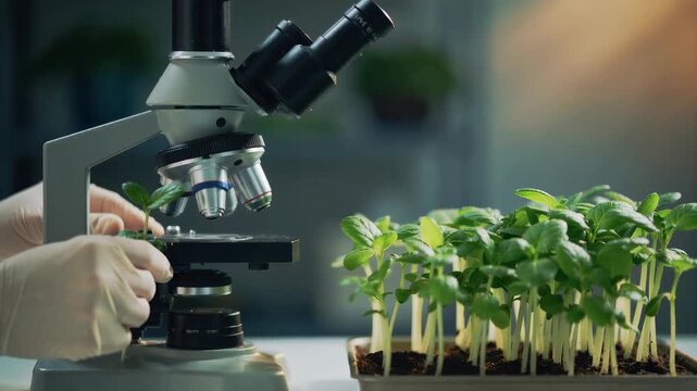 The image shows a scientist using a microscope to examine a small plant. There is a tray of seedlings next to the microscope.