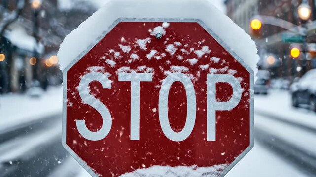 Snow-covered stop sign in winter cityscape. The image captures the essence of winter weather, highlighting safety in snowy conditions. Ideal for discussing traffic regulations and seasonal challenges.