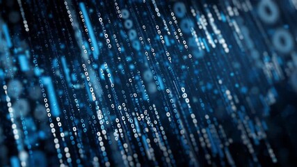 Abstract digital background with flowing blue binary code streams representing data transmission and network connectivity for technology concepts - Powered by Adobe