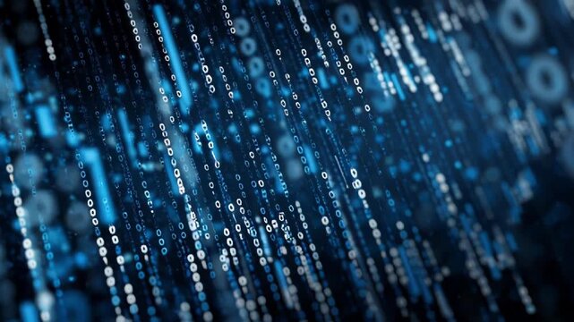 Abstract digital background with flowing blue binary code streams representing data transmission and network connectivity for technology concepts