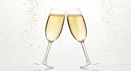 Elegant flutes with sparkling golden beverage clinking, symbolizing a festive toast. Shimmering particles scatter on a bright background, capturing joy and celebration