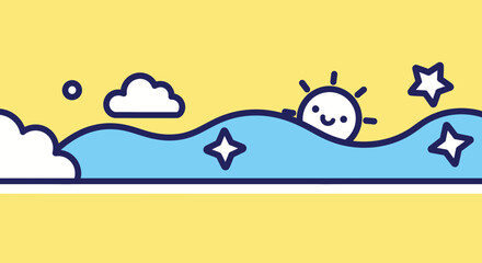 Cute cartoon sun peeking over wavy ocean with clouds and stars