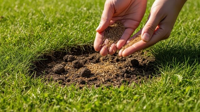 Hands spreading fertilizer on grass lawn for healthy growth