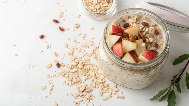 Healthy overnight oats with fresh apple chunks, nuts, seeds and granola in glass jar on white background, top view, ideal for breakfast ads, wellness blogs, nutrition articles, food packaging