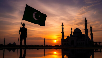 Silhouette of a man holding a crescent flag with a mosque in the background at sunset