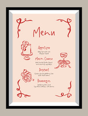 Elegant wedding menu design with romantic typography and delicate decorative elements. Classic and modern wedding menu illustration for reception table decor.