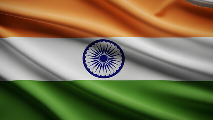A close up shot of the Indian flag waving showcasing its saffron white and green stripes with the Ashoka Chakra emblem in the center