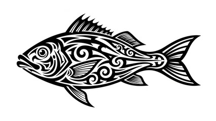 Fototapeta premium Tribal Fish Tattoo Design, Black and White Abstract Marine Animal Illustration