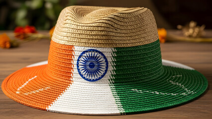 A woven hat adorned with the Indian flag colors and emblem rests on a wooden surface surrounded by decorative elements