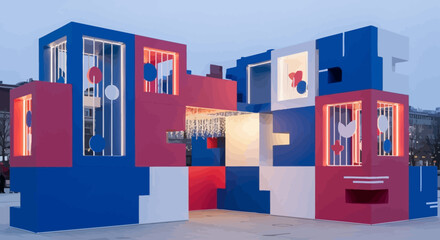 Modern Abstract Sculpture Building with Geometric Shapes and LED Lights