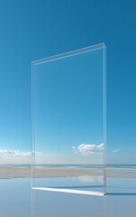 Minimalist Glass Monolith Reflection Serene Ocean Coast Background