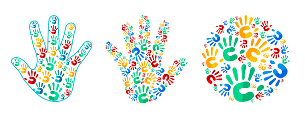 Colorful Handprints Mosaic Set. Featuring Creative Hand-Shaped and Circular Designs Composed of Multicolored Handprints Symbolizing Global Unity, Diversity, Childhood Education, and Human Connection.