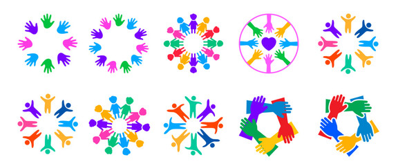Colorful Unity and Diversity Icon Set. Featuring Creative Circular Designs of Multicolored Hands, Human Figures, and Heart Symbols Representing Global Cooperation, Teamwork, and Social Inclusion.