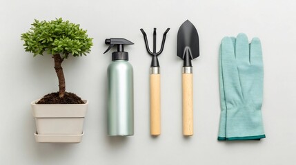 Essential gardening tools and a thriving small bonsai tree carefully arranged on a clean background, ideal for home gardening projects and mindful plant care enthusiasts