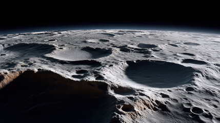 Lunar surface with shadows for planetary science shows craters and rugged terrain under dark sky