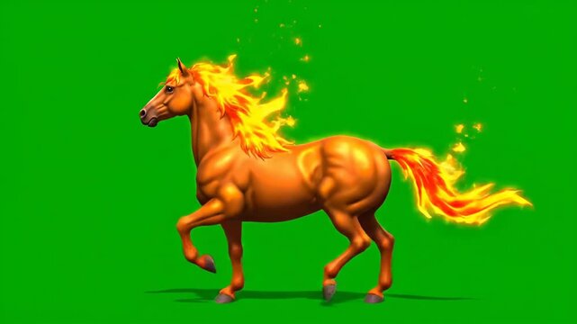A cartoon fire horse with a flowing mane and tail runs energetically against a green screen background.