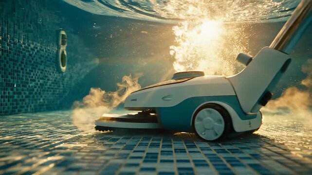 A robotic pool cleaner moves through the clear water, effectively cleaning the pool floor under sunlight. The sunlight creates beautiful reflections on the surface of the water.